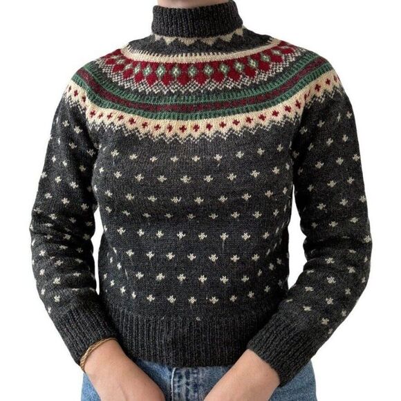 Vintage 1950s Womens Hand Knit 100% Wool Norwegian Fair Isle Sweater XS - Picture 7 of 8